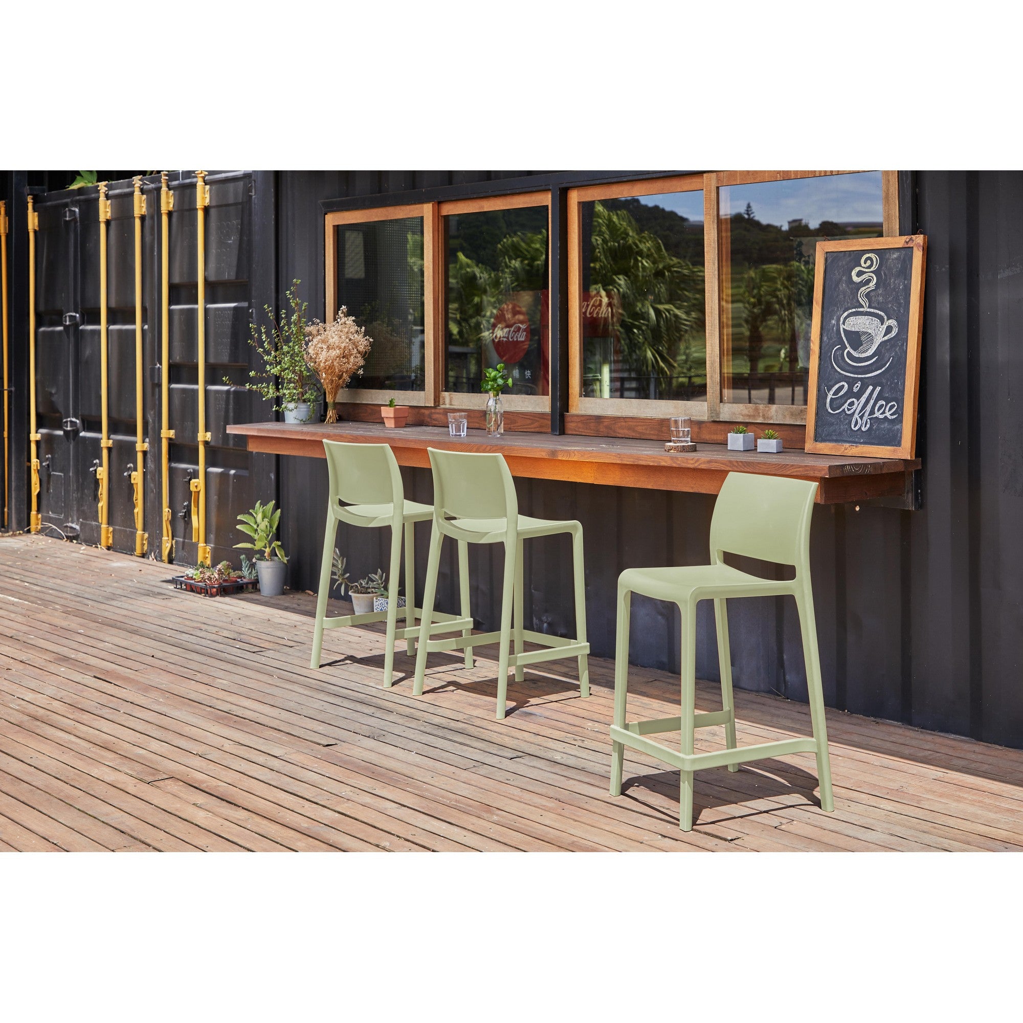 Set of Four 26" Green Heavy Duty Plastic Low Back Outdoor Counter Height Bar Chairs-Outdoor Bar Chairs-DECOROLALA