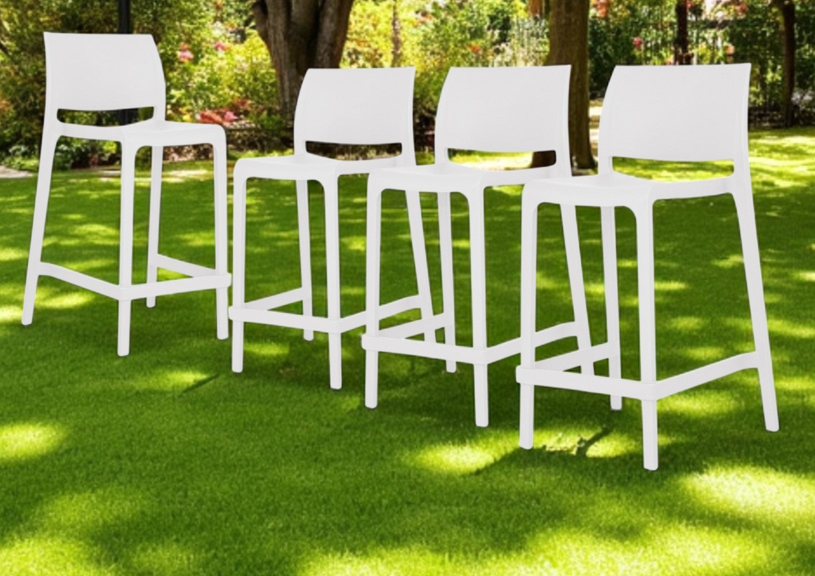 Set of Four 26" White Heavy Duty Plastic Low Back Outdoor Counter Height Bar Chairs-Outdoor Bar Chairs-DECOROLALA