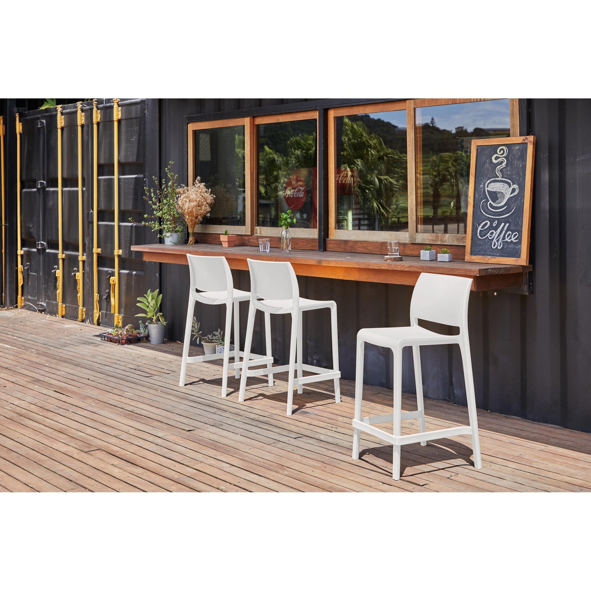 Set of Four 26" White Heavy Duty Plastic Low Back Outdoor Counter Height Bar Chairs-Outdoor Bar Chairs-DECOROLALA
