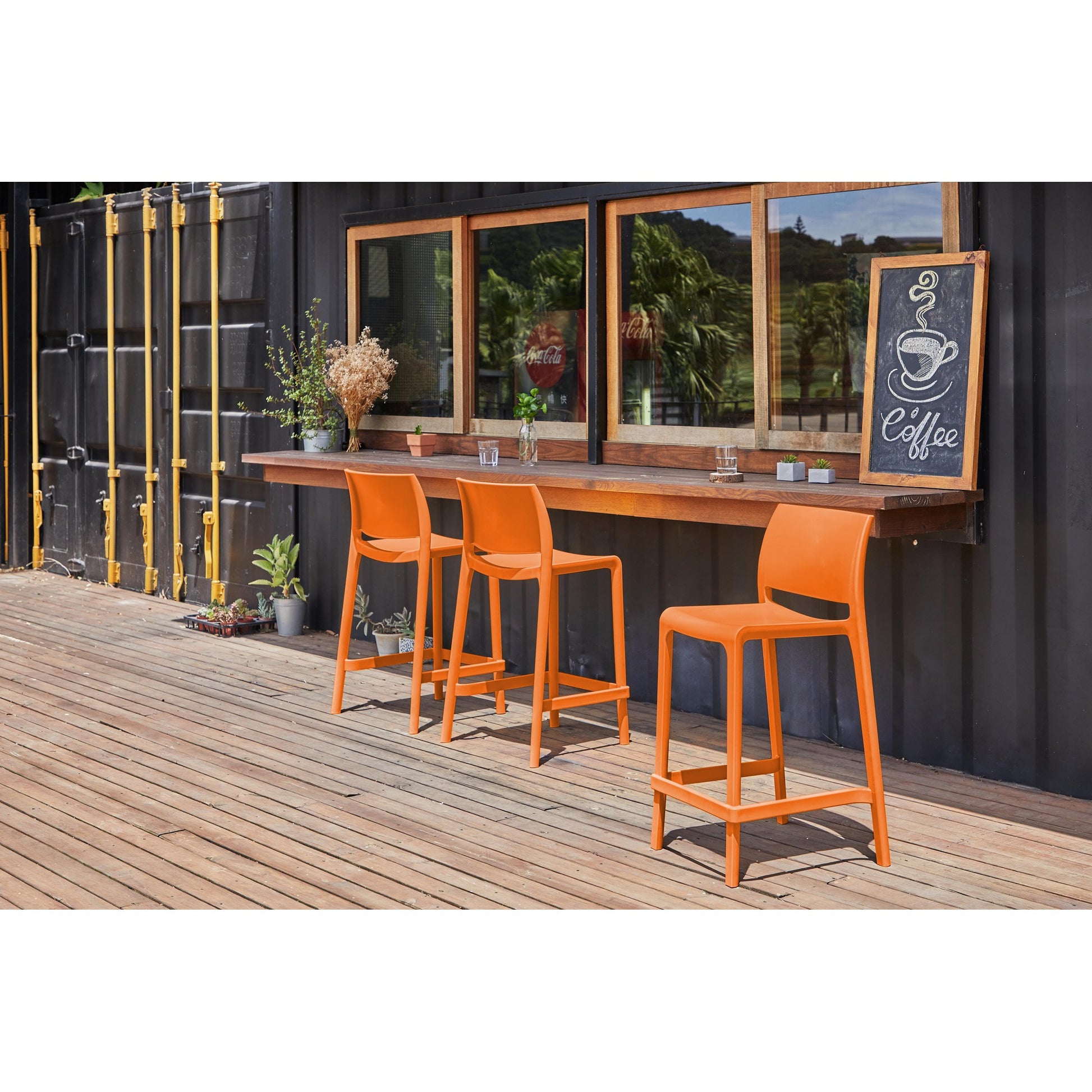 Set of Four 26" Orange Heavy Duty Plastic Low Back Outdoor Counter Height Bar Chairs-Outdoor Bar Chairs-DECOROLALA