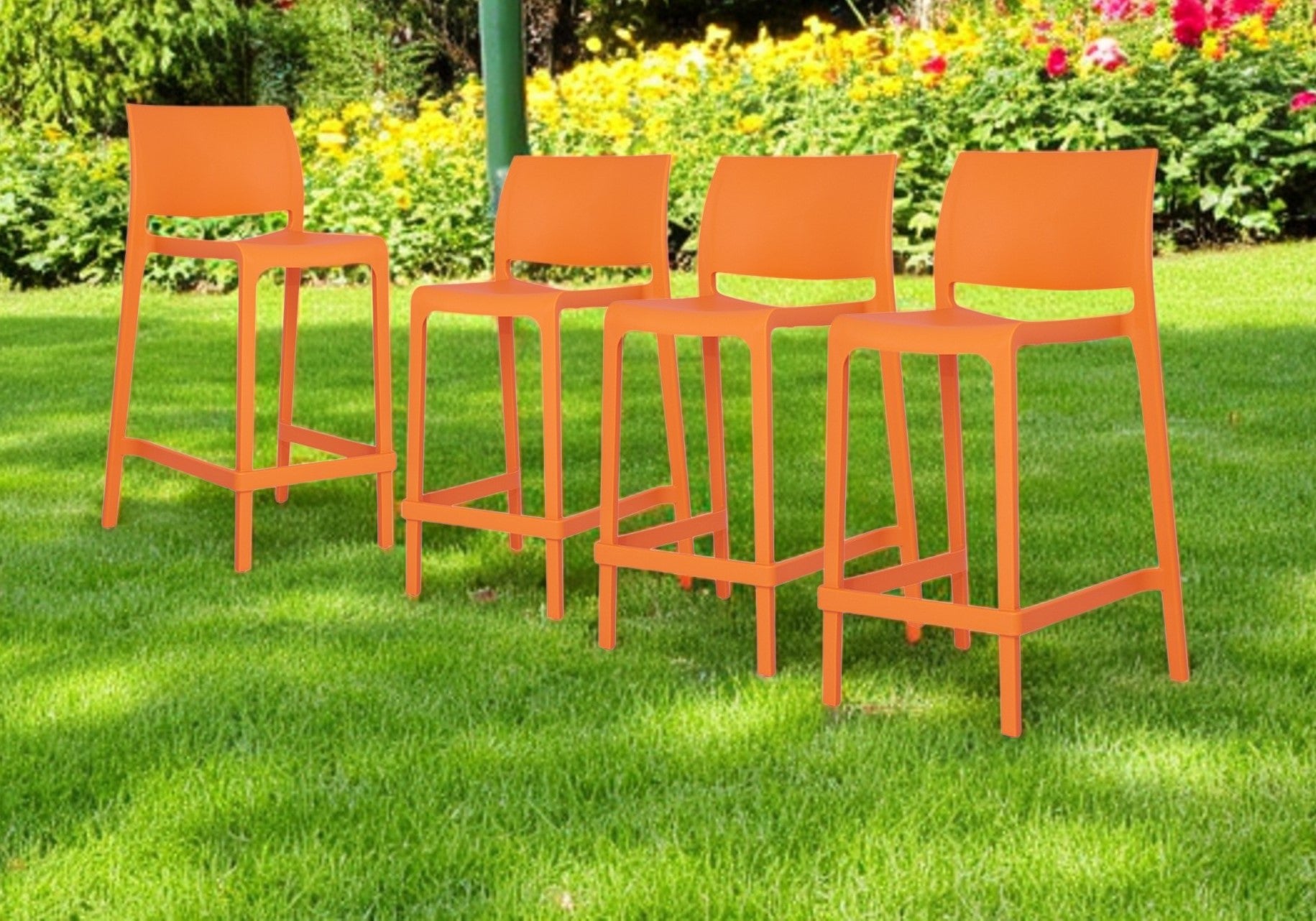Set of Four 26" Orange Heavy Duty Plastic Low Back Outdoor Counter Height Bar Chairs-Outdoor Bar Chairs-DECOROLALA