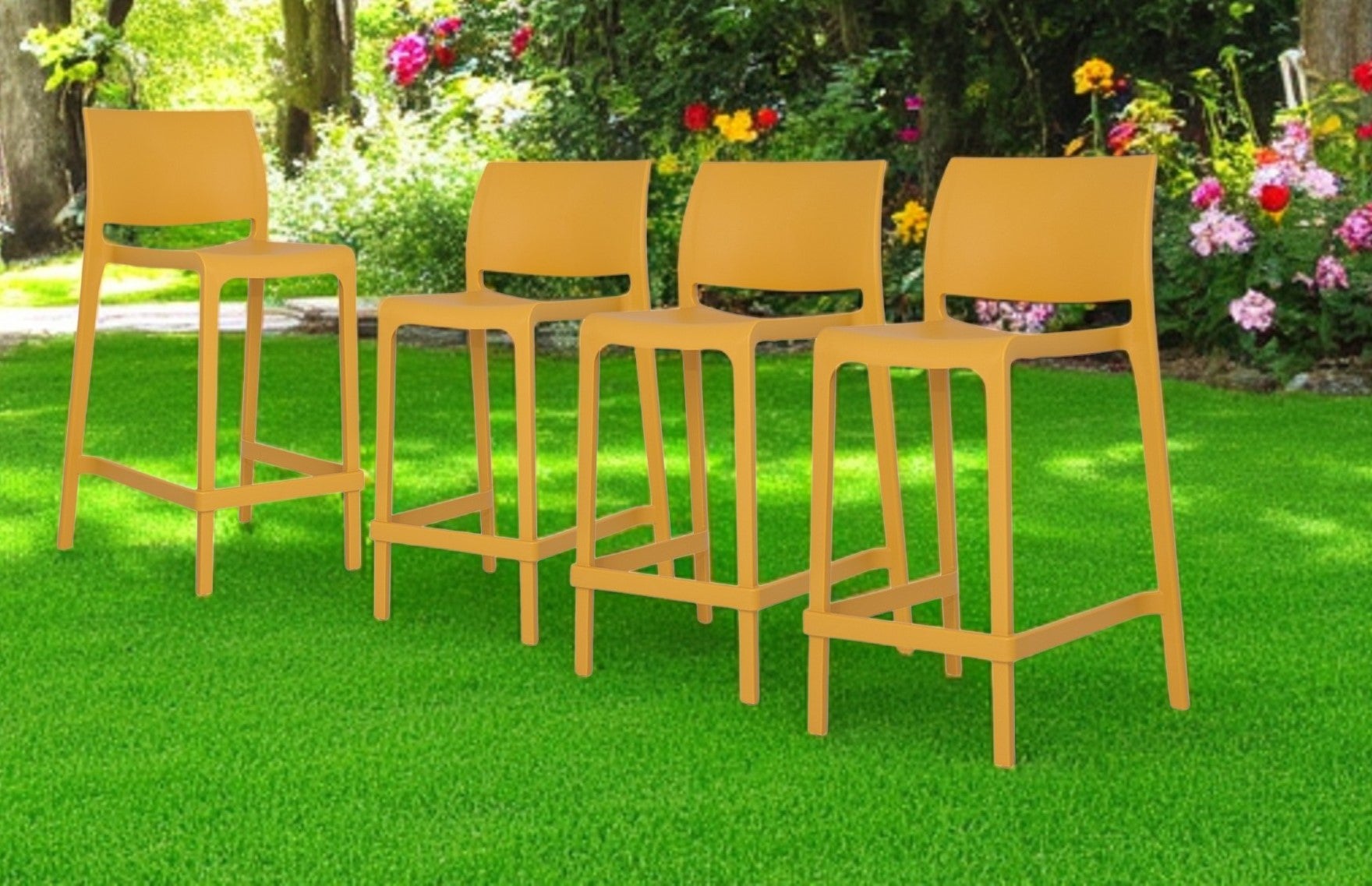 Set of Four 26" Yellow Heavy Duty Plastic Low Back Outdoor Counter Height Bar Chairs-Outdoor Bar Chairs-DECOROLALA