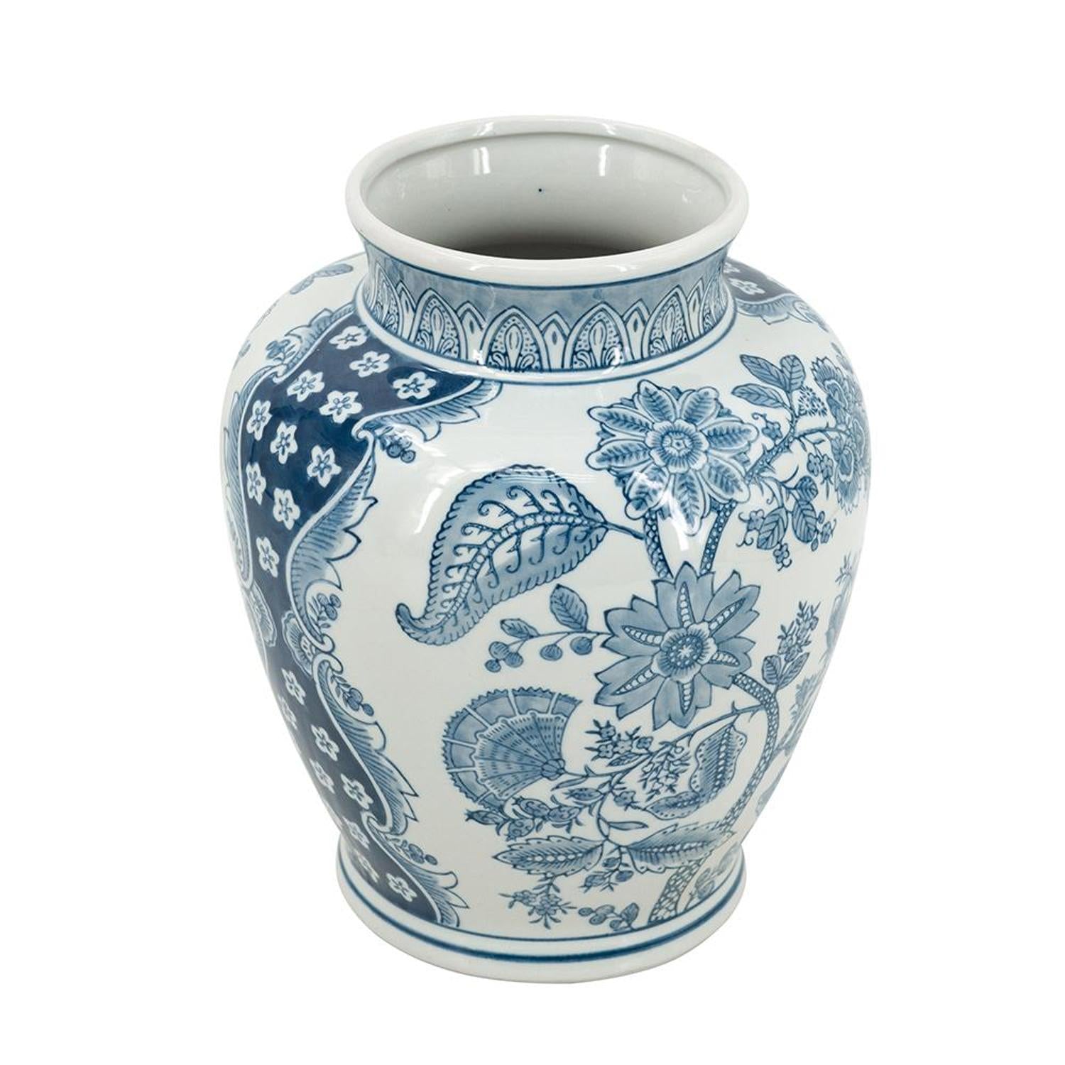 11" Light Blue And White Floral Round Porcelain Jar-1