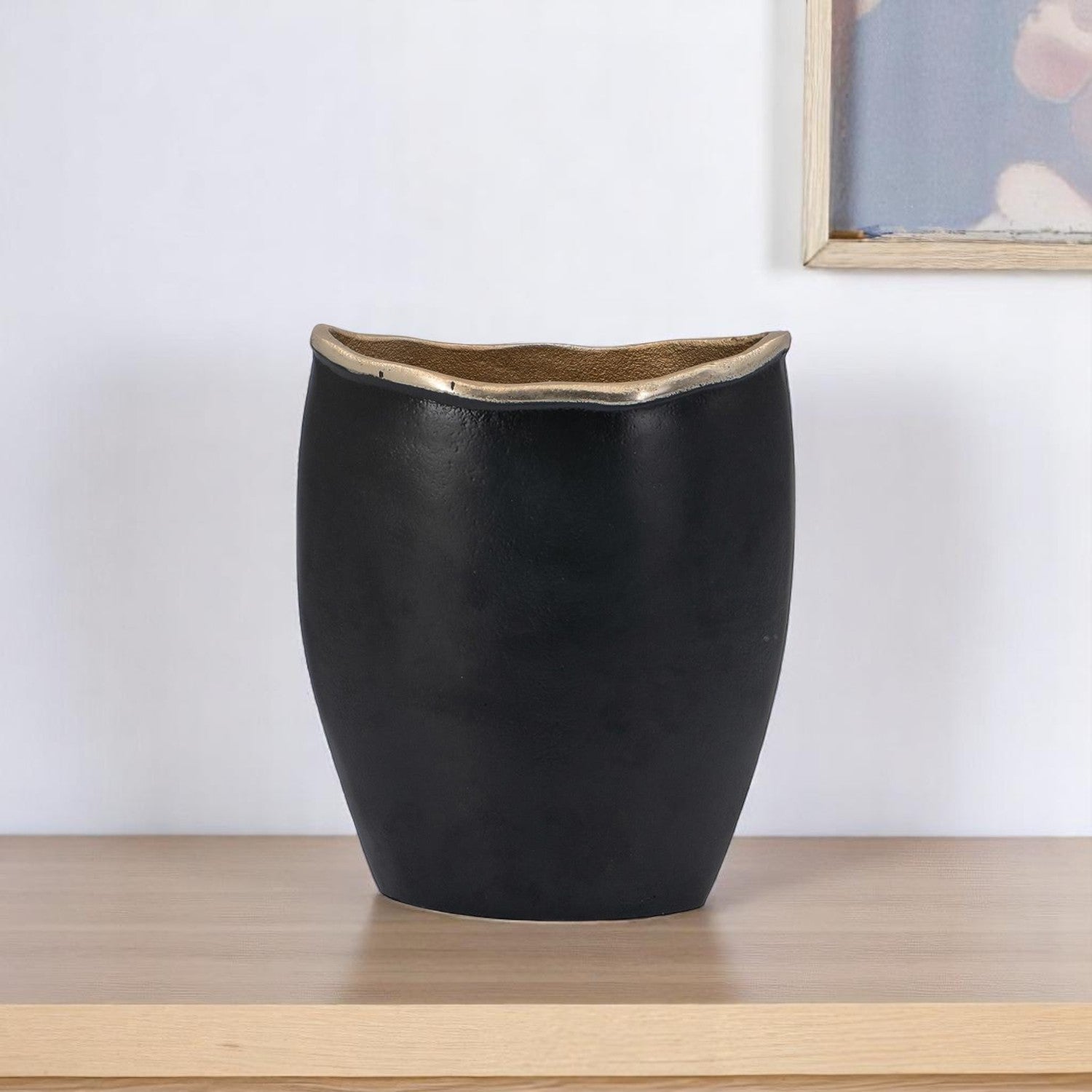 10" Black And Gold Cast Aluminum Oval Table Vase-Vases-DECOROLALA