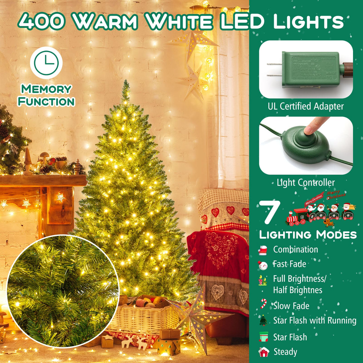 5/6/7 Feet Artificial Christmas Tree Hinged Xmas Tree with 7 Lighting Modes-5 Feet-Christmas Trees-DECOROLALA