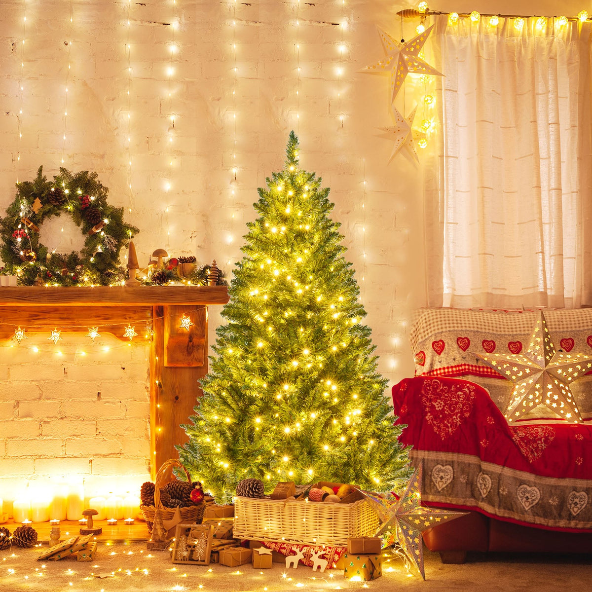 5/6/7 Feet Artificial Christmas Tree Hinged Xmas Tree with 7 Lighting Modes-5 Feet-Christmas Trees-DECOROLALA