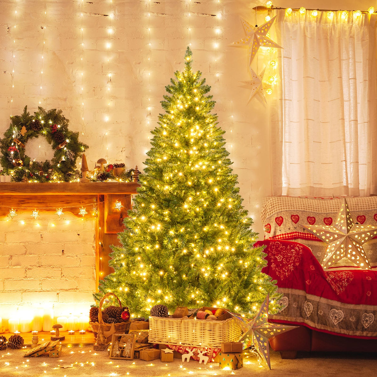 5/6/7 Feet Artificial Christmas Tree Hinged Xmas Tree with 7 Lighting Modes-6 Feet-Christmas Trees-DECOROLALA