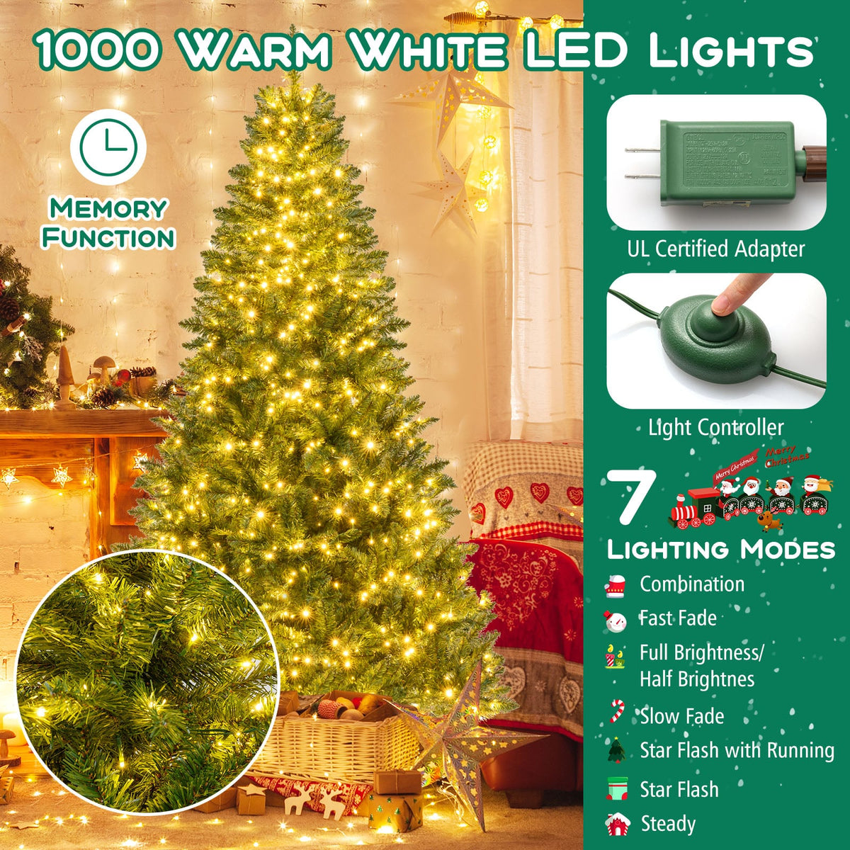 5/6/7 Feet Artificial Christmas Tree Hinged Xmas Tree with 7 Lighting Modes-7 Feet-Christmas Trees-DECOROLALA