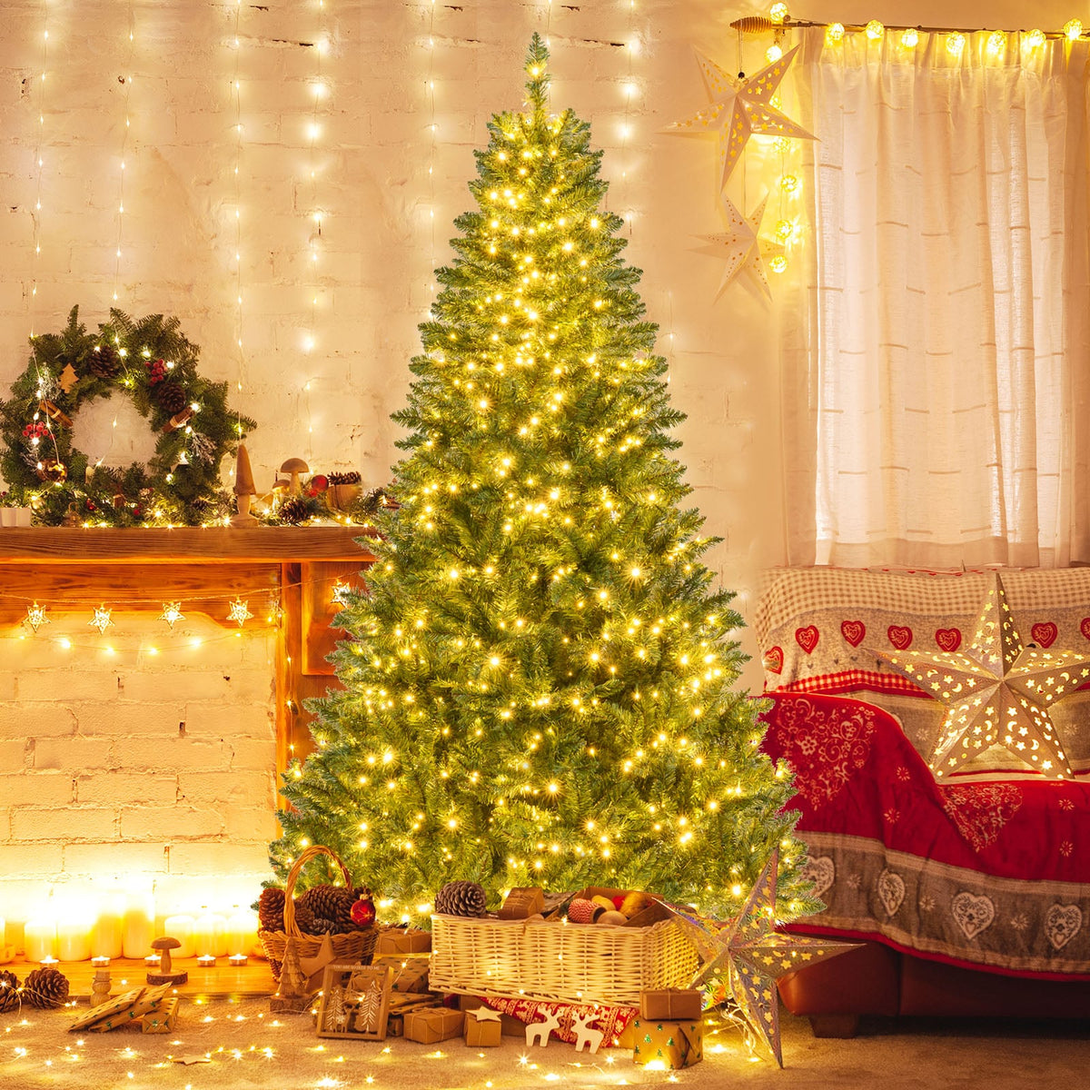 5/6/7 Feet Artificial Christmas Tree Hinged Xmas Tree with 7 Lighting Modes-7 Feet-Christmas Trees-DECOROLALA