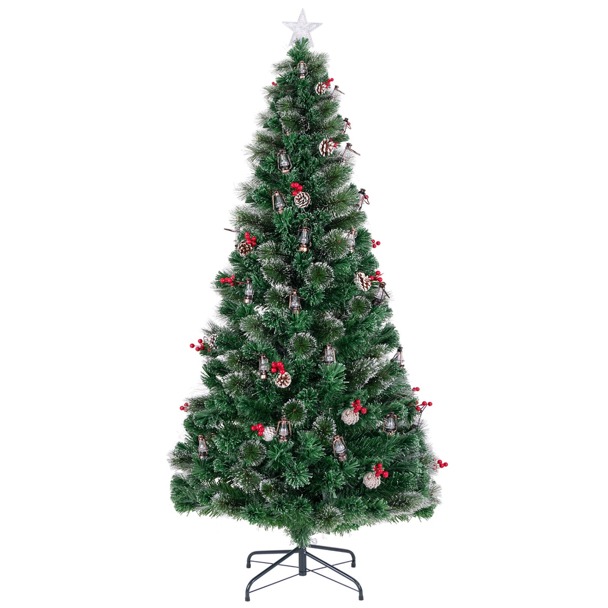 5/6/7 Feet Artificial Christmas Tree with Red Berries and Kerosene Lamps-7 ft-Christmas Trees-DECOROLALA