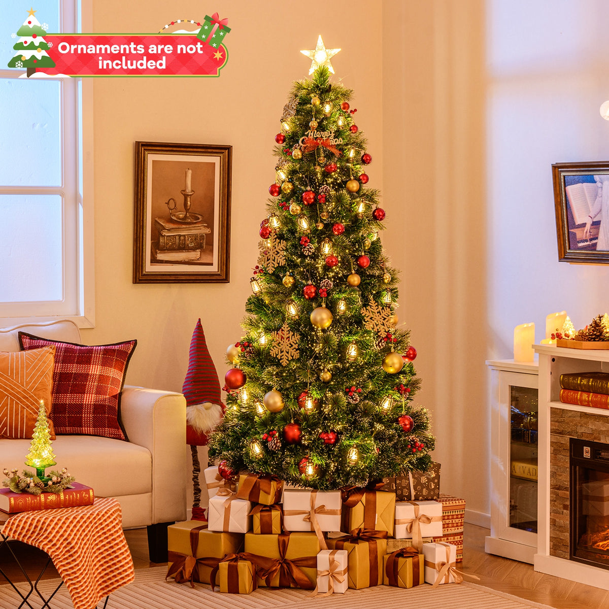 5/6/7 Feet Artificial Christmas Tree with Red Berries and Kerosene Lamps-7 ft-Christmas Trees-DECOROLALA