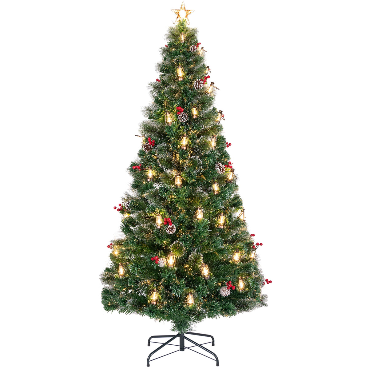 5/6/7 Feet Artificial Christmas Tree with Red Berries and Kerosene Lamps-7 ft-Christmas Trees-DECOROLALA