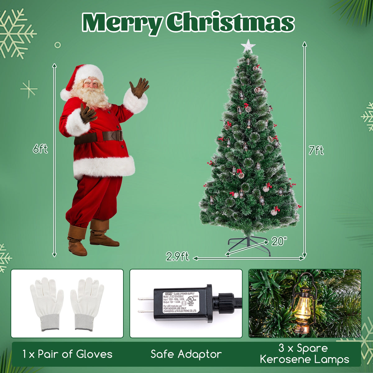 5/6/7 Feet Artificial Christmas Tree with Red Berries and Kerosene Lamps-7 ft-Christmas Trees-DECOROLALA