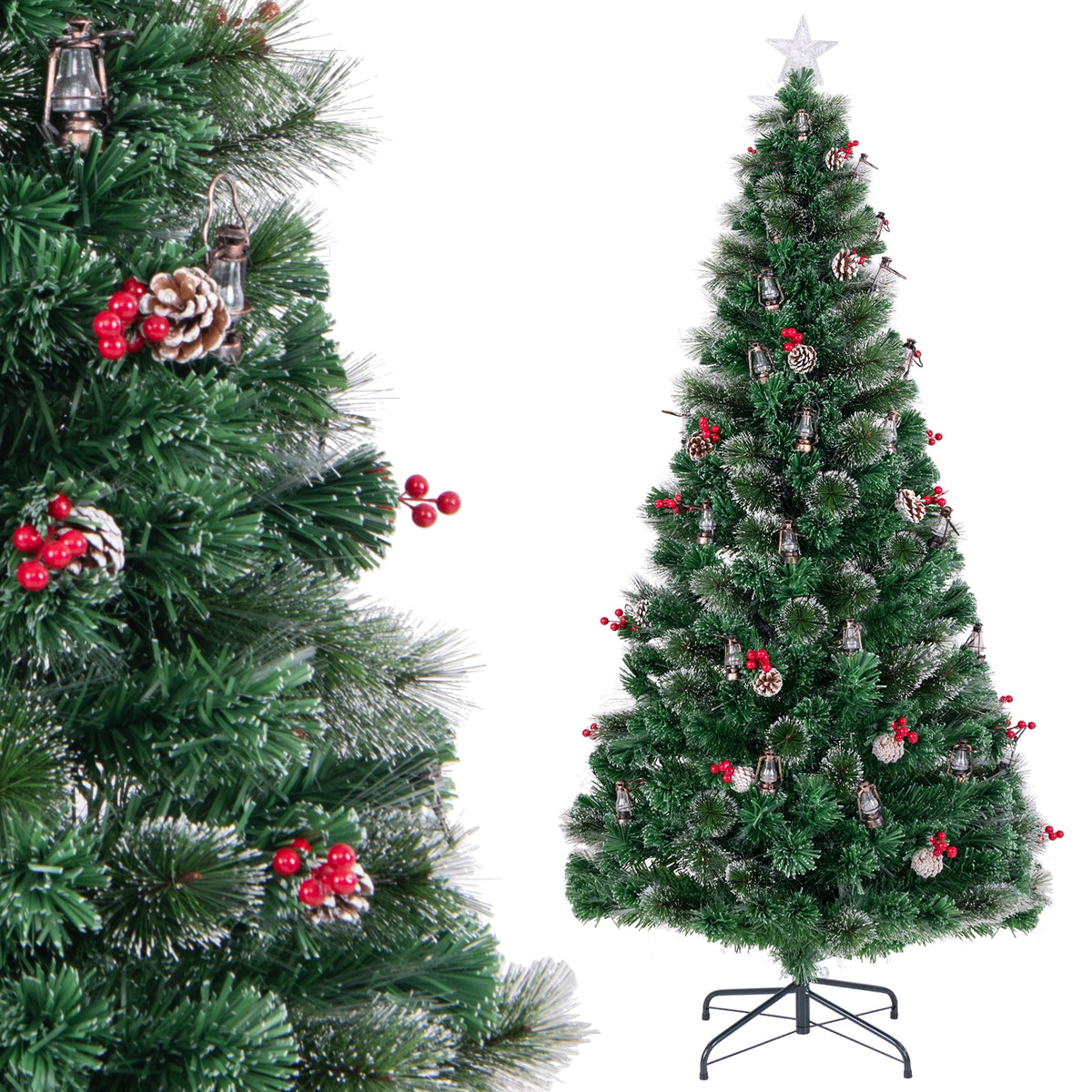 5/6/7 Feet Artificial Christmas Tree with Red Berries and Kerosene Lamps-7 ft-Christmas Trees-DECOROLALA