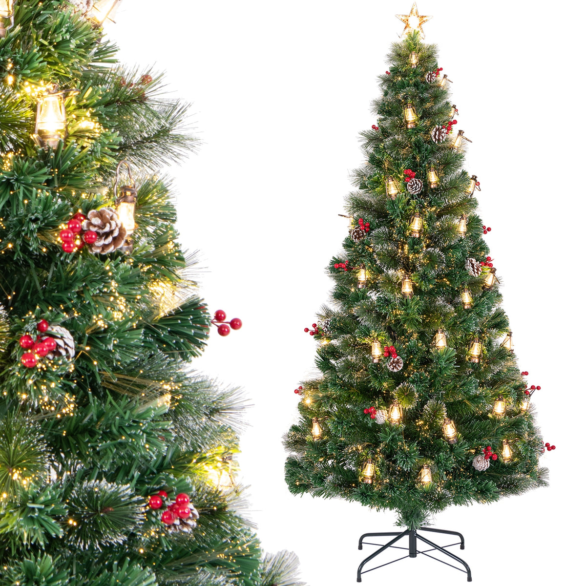 5/6/7 Feet Artificial Christmas Tree with Red Berries and Kerosene Lamps-7 ft-Christmas Trees-DECOROLALA