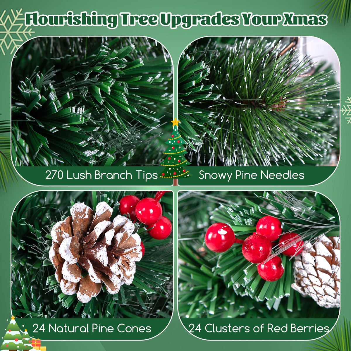 5/6/7 Feet Artificial Christmas Tree with Red Berries and Kerosene Lamps-7 ft-Christmas Trees-DECOROLALA