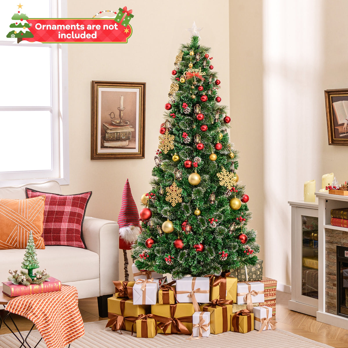 5/6/7 Feet Artificial Christmas Tree with Red Berries and Kerosene Lamps-7 ft-Christmas Trees-DECOROLALA