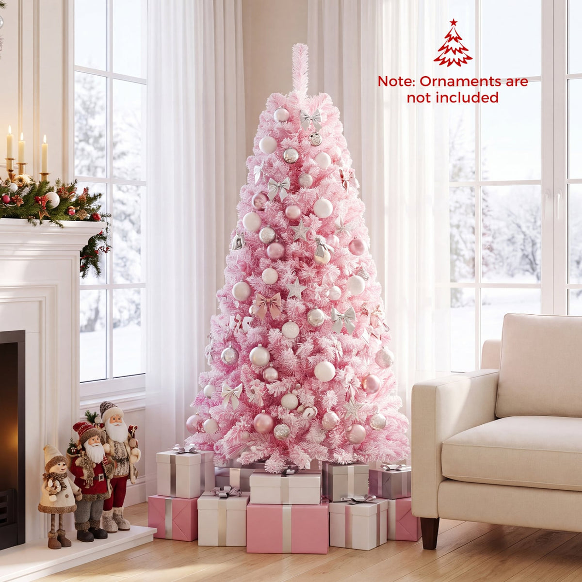 5/6/7 Feet Flocked Fir Christmas Tree with Warm White LED Lights-6 ft-Christmas Trees-DECOROLALA