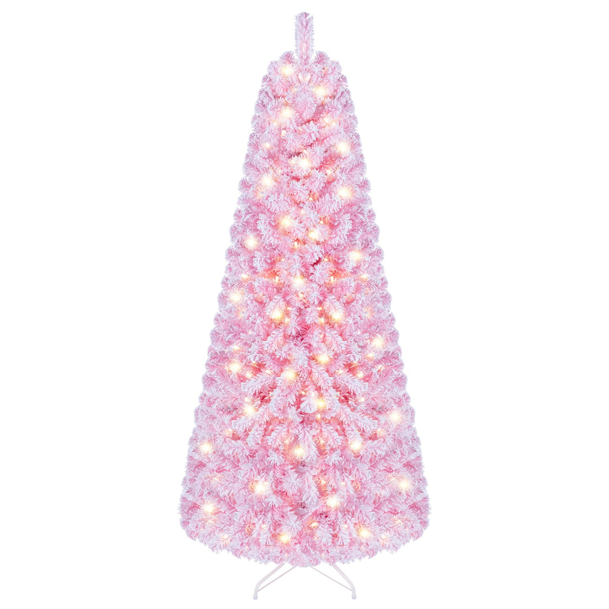 5/6/7 Feet Flocked Fir Christmas Tree with Warm White LED Lights-6 ft-Christmas Trees-DECOROLALA