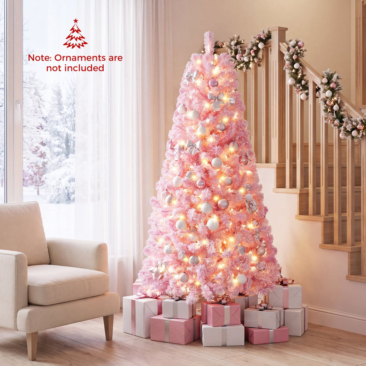 5/6/7 Feet Flocked Fir Christmas Tree with Warm White LED Lights-6 ft-Christmas Trees-DECOROLALA