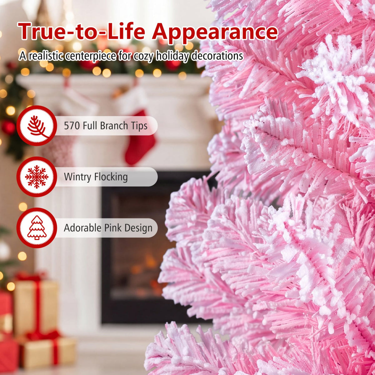 5/6/7 Feet Flocked Fir Christmas Tree with Warm White LED Lights-6 ft-Christmas Trees-DECOROLALA