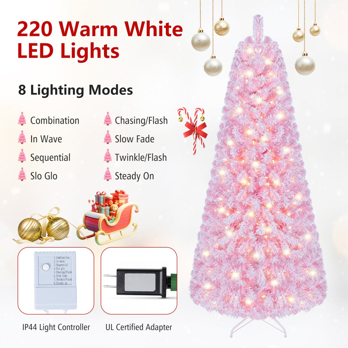 5/6/7 Feet Flocked Fir Christmas Tree with Warm White LED Lights-6 ft-Christmas Trees-DECOROLALA