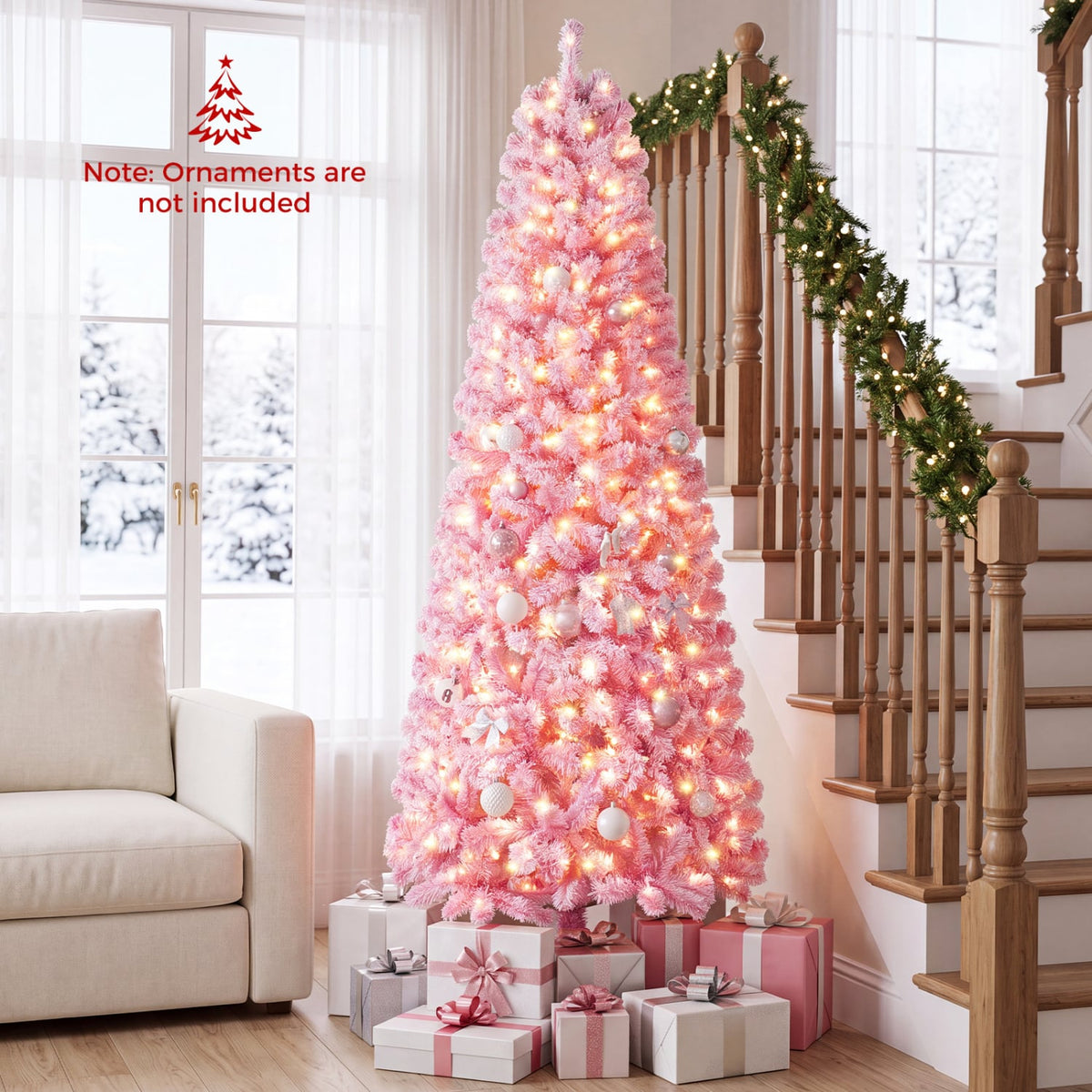 5/6/7 Feet Flocked Fir Christmas Tree with Warm White LED Lights-7 ft-Christmas Trees-DECOROLALA