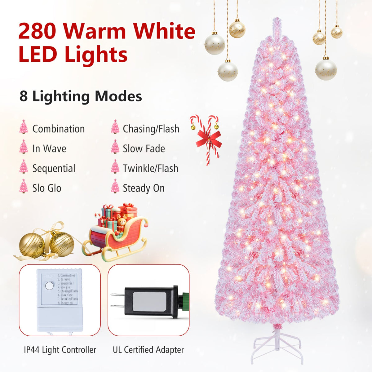 5/6/7 Feet Flocked Fir Christmas Tree with Warm White LED Lights-7 ft-Christmas Trees-DECOROLALA
