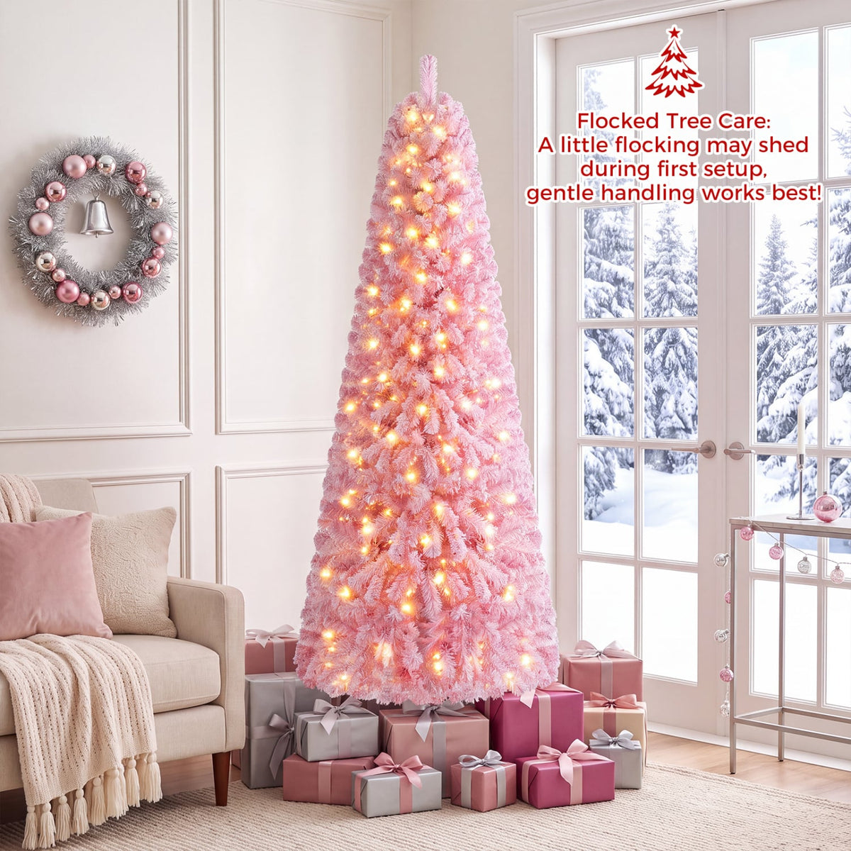 5/6/7 Feet Flocked Fir Christmas Tree with Warm White LED Lights-7 ft-Christmas Trees-DECOROLALA
