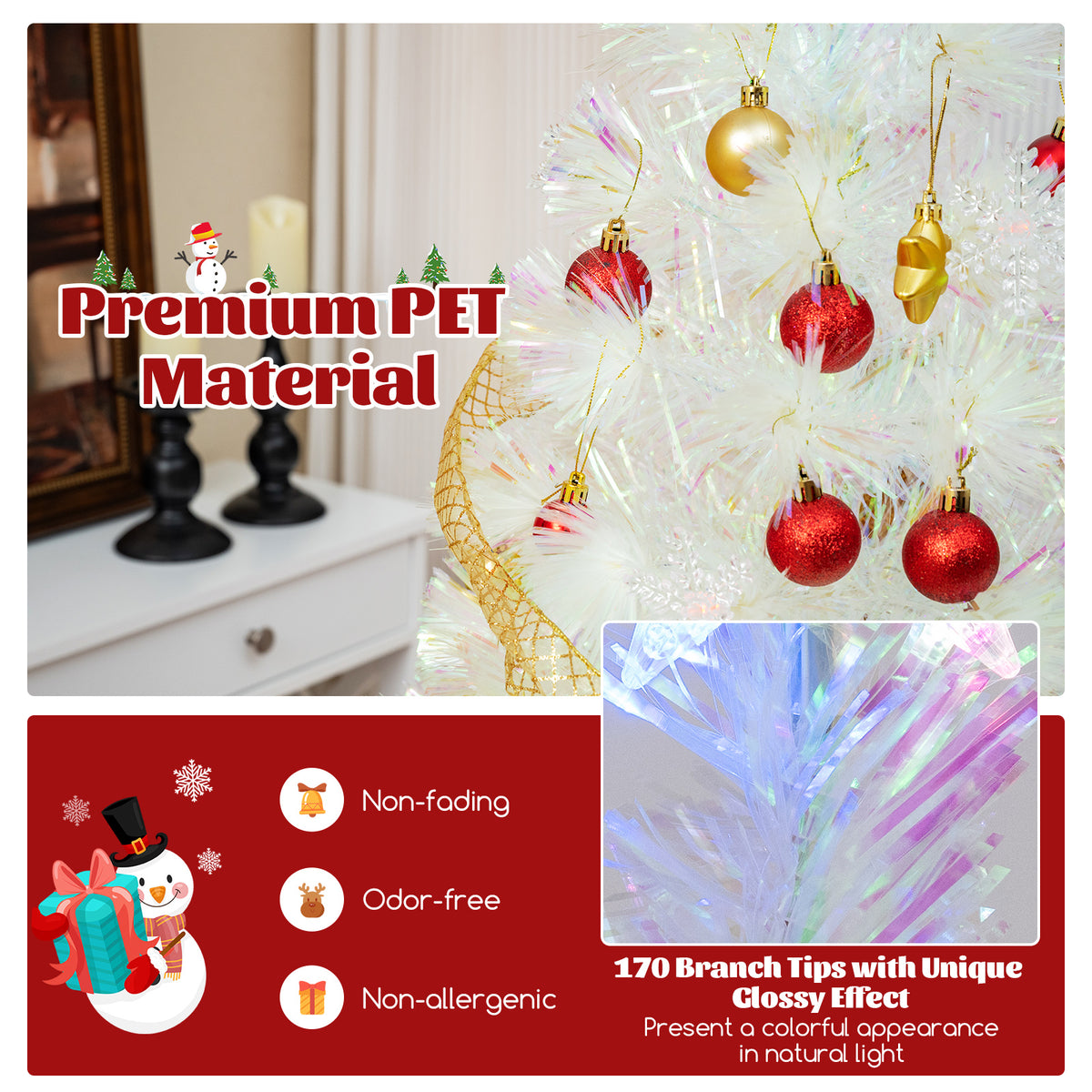 5/6/7 Feet Pre-Lit White Artificial Christmas Tree with Iridescent Leaves-5 Feet-Christmas Trees-DECOROLALA