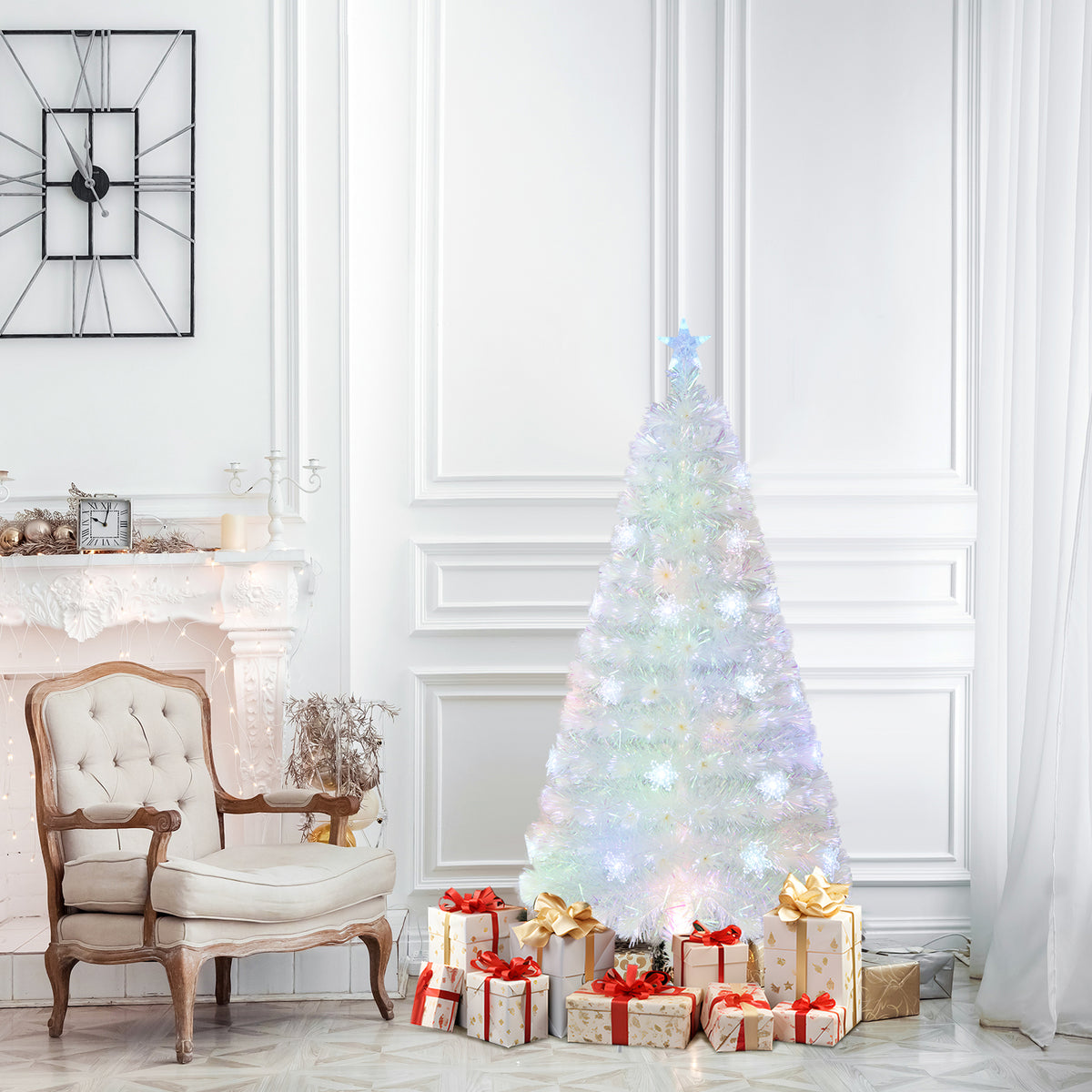 5/6/7 Feet Pre-Lit White Artificial Christmas Tree with Iridescent Leaves-5 Feet-Christmas Trees-DECOROLALA