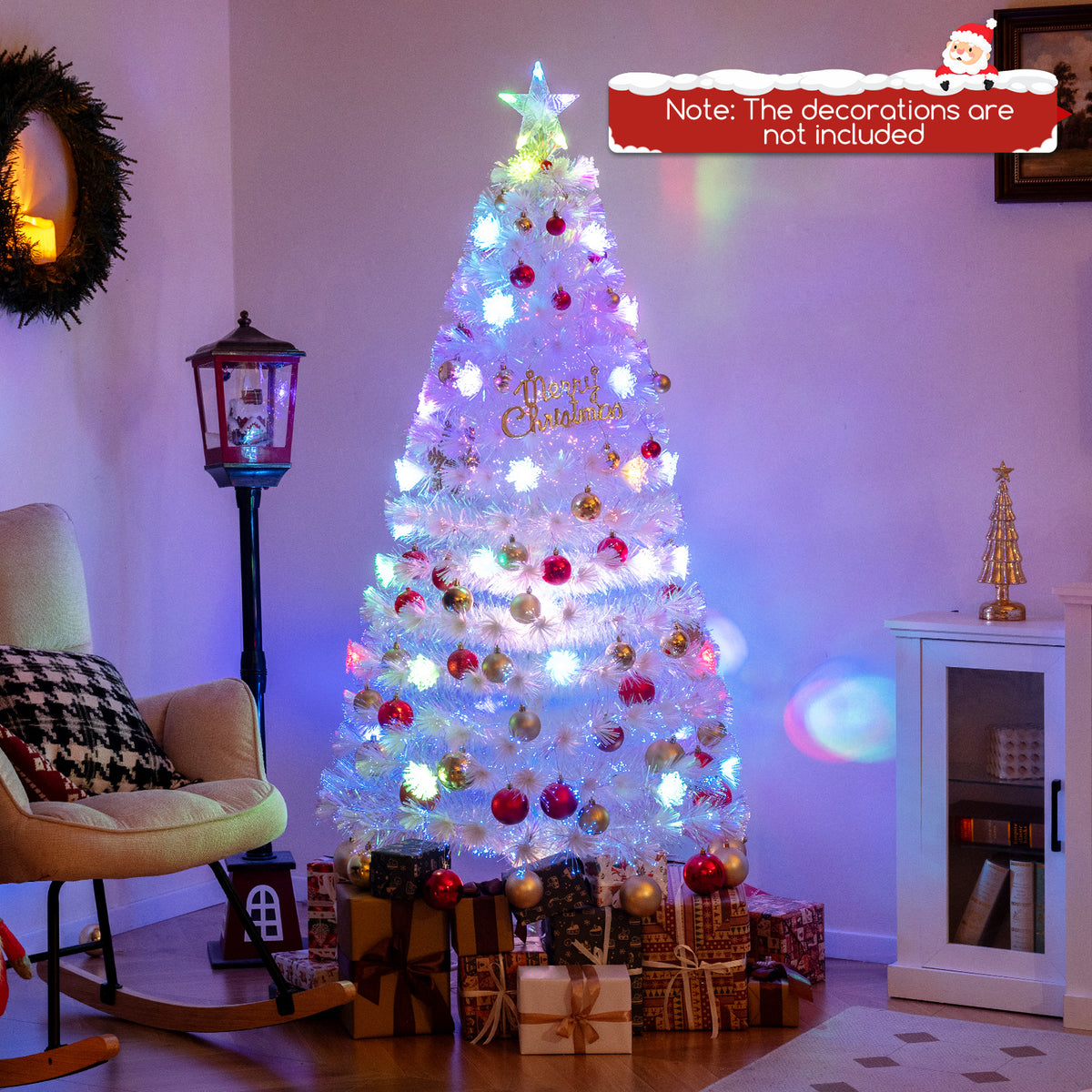5/6/7 Feet Pre-Lit White Artificial Christmas Tree with Iridescent Leaves-6 ft-Christmas Trees-DECOROLALA