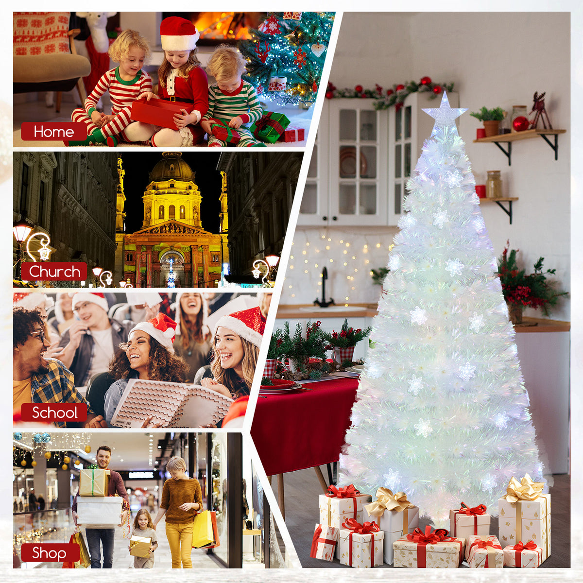 5/6/7 Feet Pre-Lit White Artificial Christmas Tree with Iridescent Leaves-6 ft-Christmas Trees-DECOROLALA
