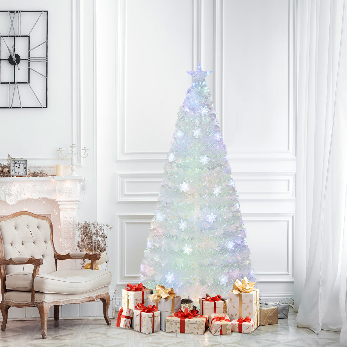 5/6/7 Feet Pre-Lit White Artificial Christmas Tree with Iridescent Leaves-6 ft-Christmas Trees-DECOROLALA