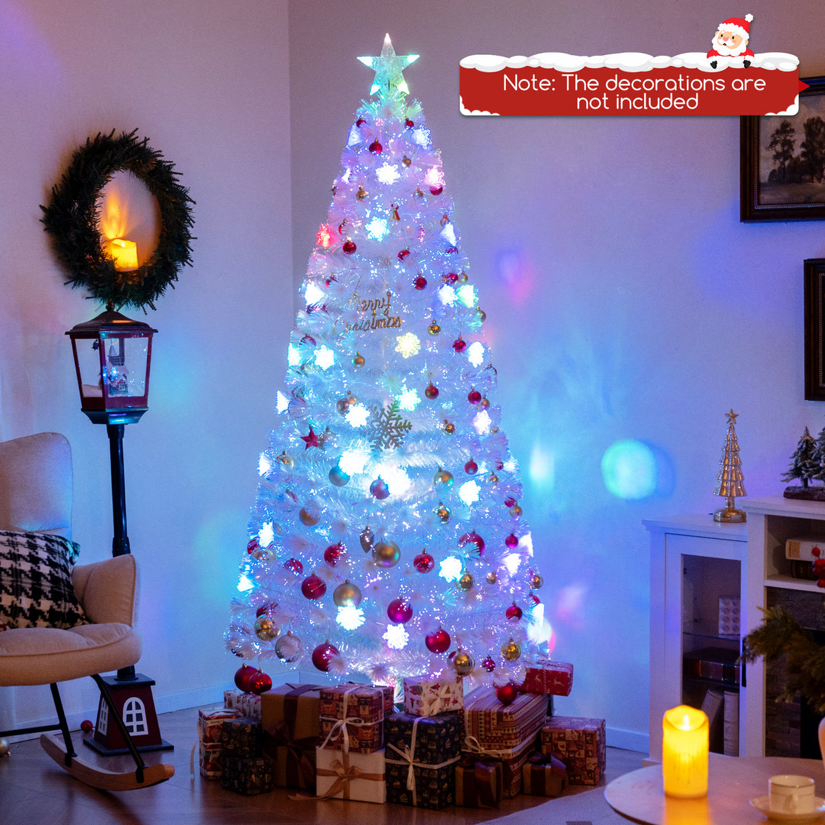 5/6/7 Feet Pre-Lit White Artificial Christmas Tree with Iridescent Leaves-7 ft-Christmas Trees-DECOROLALA