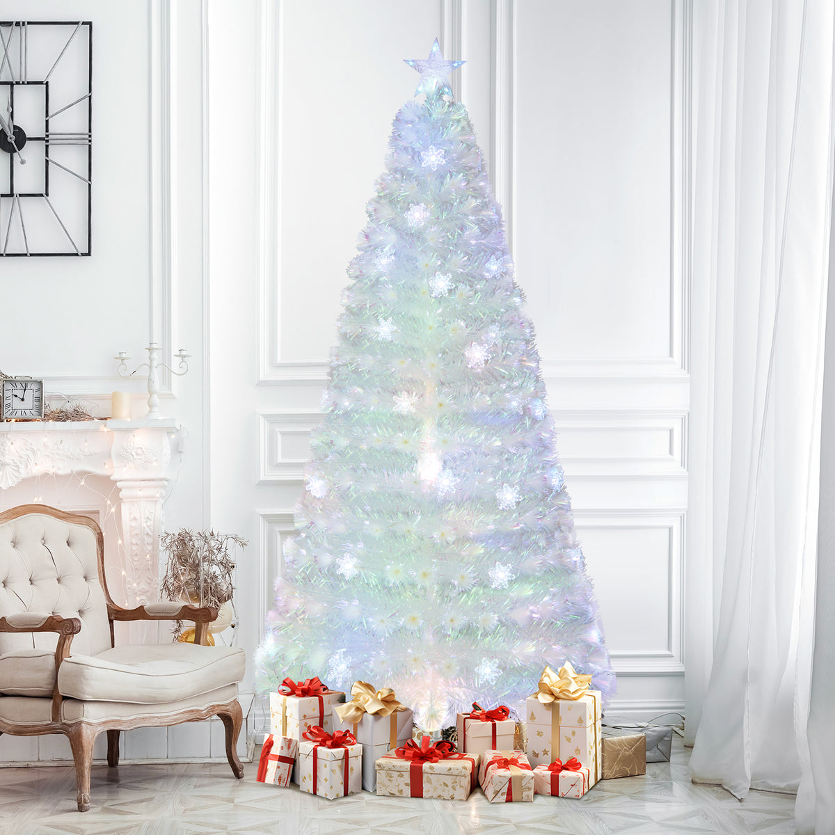 5/6/7 Feet Pre-Lit White Artificial Christmas Tree with Iridescent Leaves-7 ft-Christmas Trees-DECOROLALA