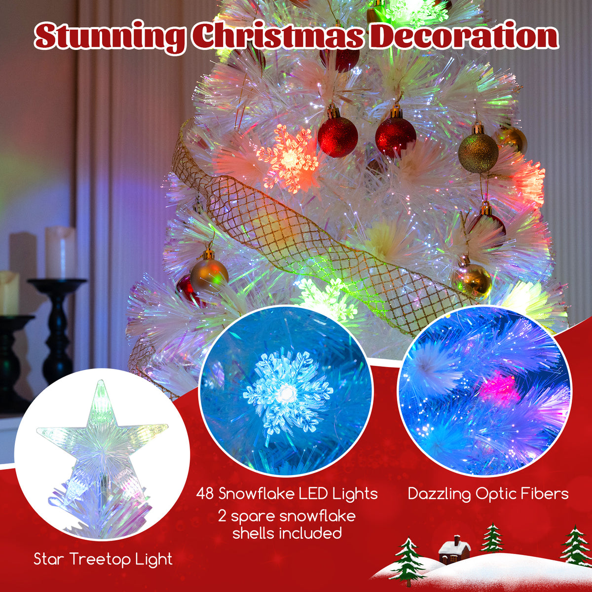 5/6/7 Feet Pre-Lit White Artificial Christmas Tree with Iridescent Leaves-7 ft-Christmas Trees-DECOROLALA