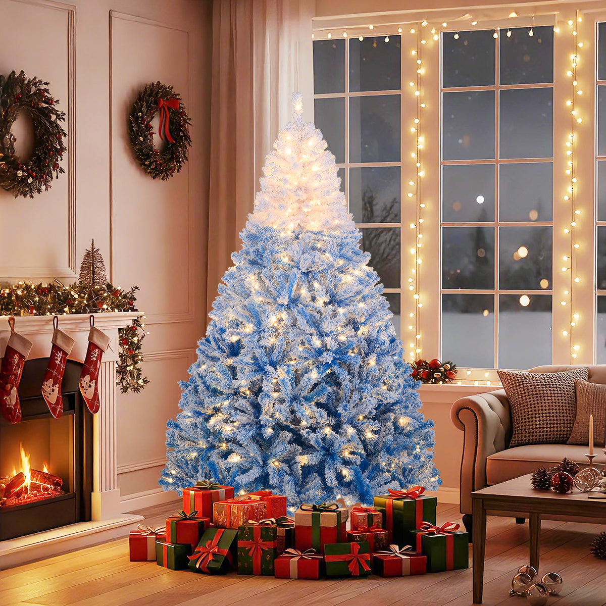 5/6/7/8 FT Artificial Christmas Tree with Warm White LED Lights and 8 Modes-7 Feet-Christmas Trees-DECOROLALA
