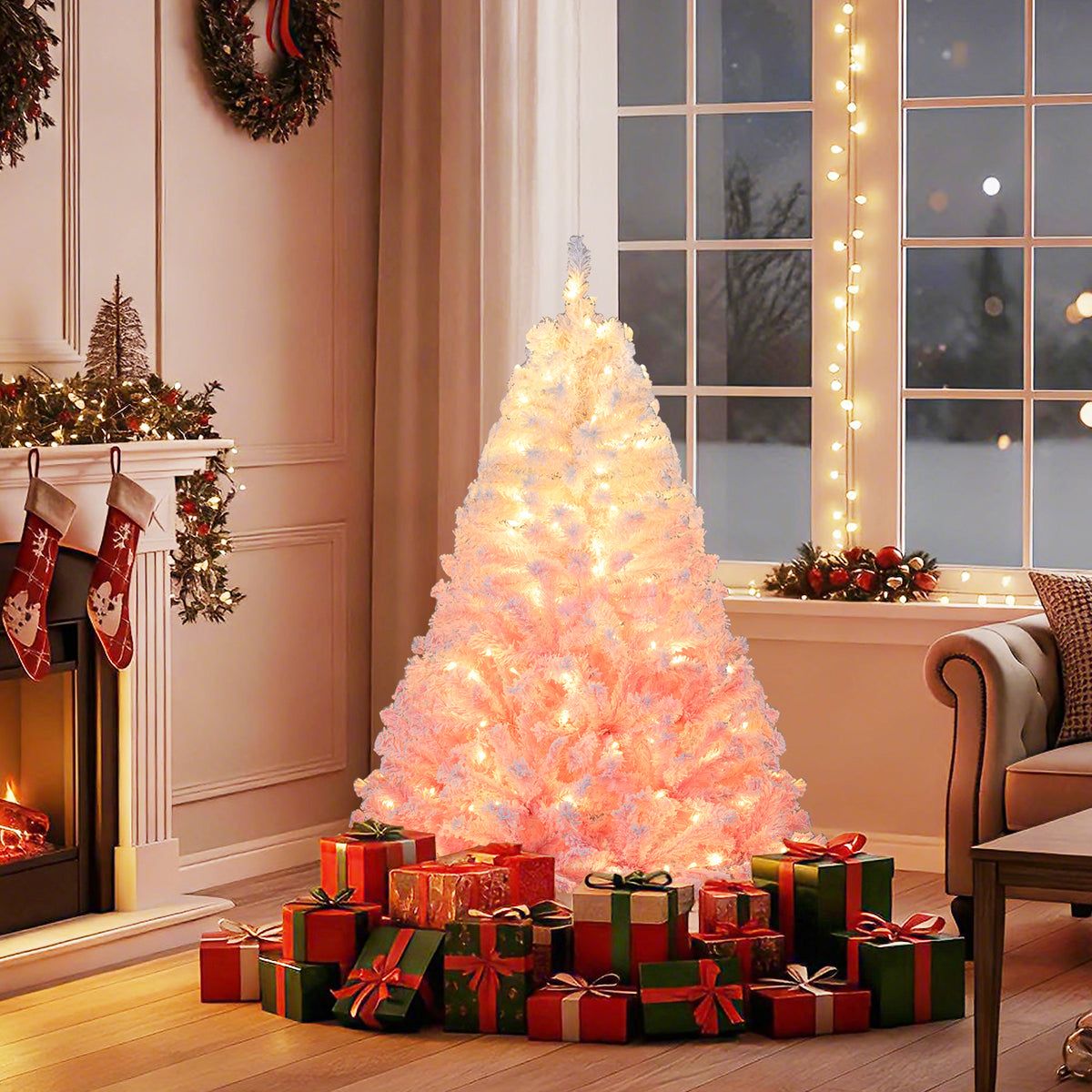 5/6/7/8 FT Artificial Christmas Tree with Warm White LED Lights and 8 Modes for Holiday-5 Feet-Christmas Trees-DECOROLALA