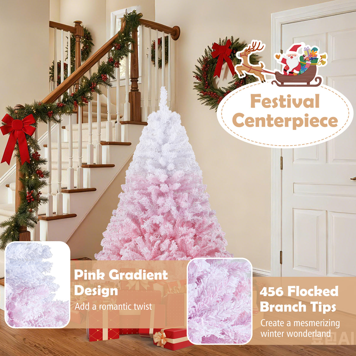5/6/7/8 FT Artificial Christmas Tree with Warm White LED Lights and 8 Modes for Holiday-5 Feet-Christmas Trees-DECOROLALA