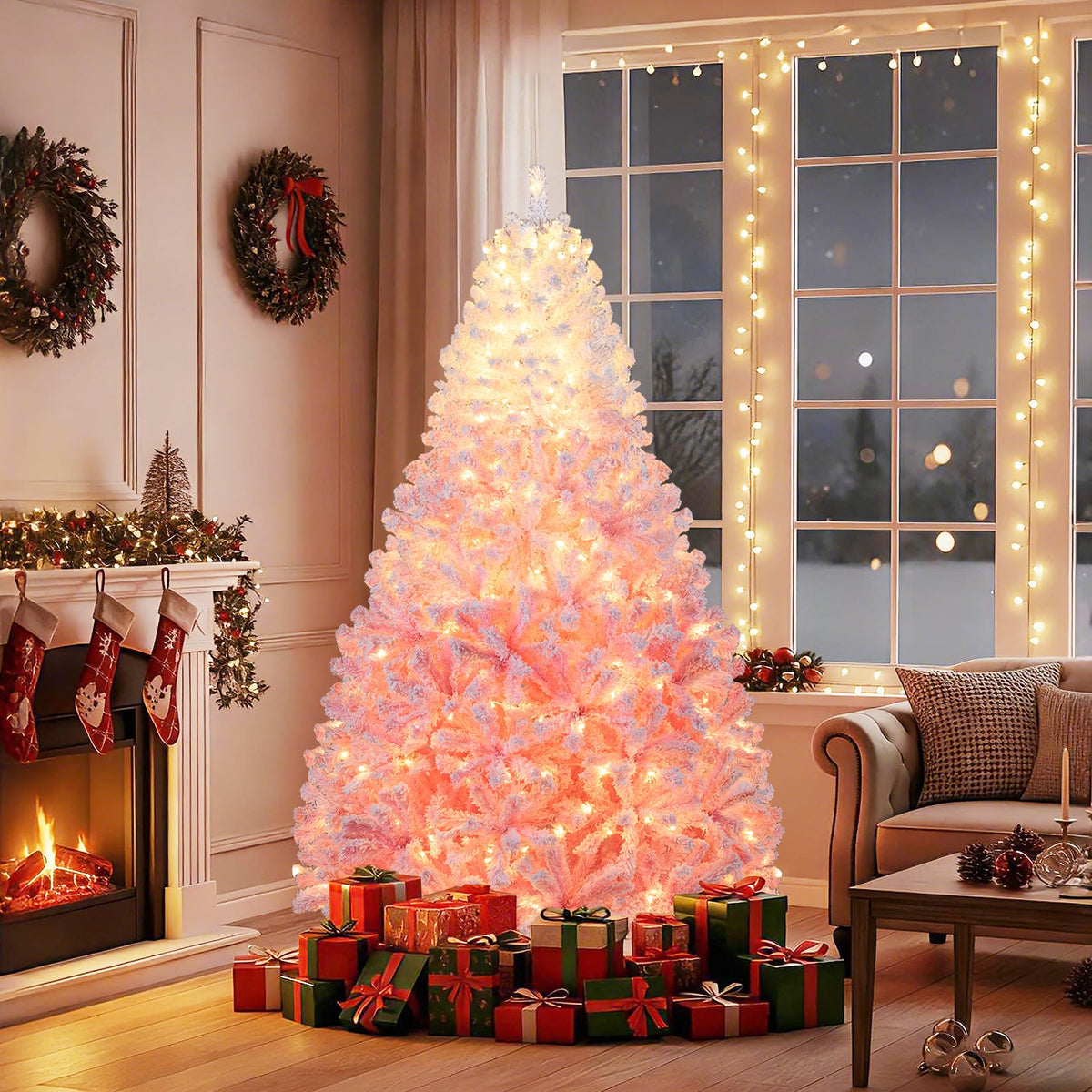 5/6/7/8 FT Artificial Christmas Tree with Warm White LED Lights and 8 Modes for Holiday-7 Feet-Christmas Trees-DECOROLALA