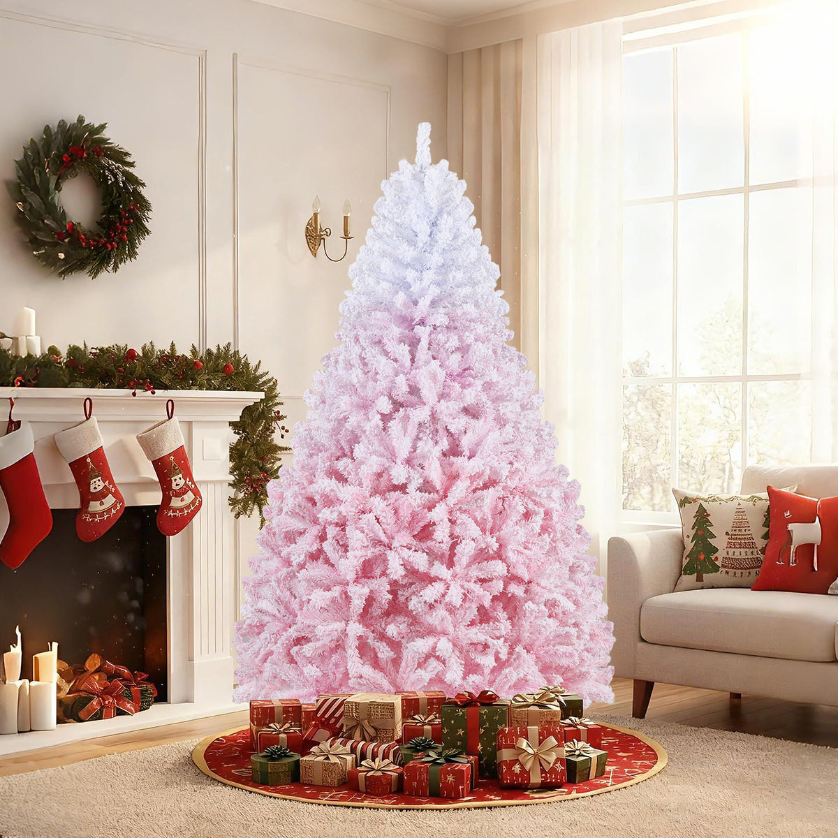 5/6/7/8 FT Artificial Christmas Tree with Warm White LED Lights and 8 Modes for Holiday-7 Feet-Christmas Trees-DECOROLALA