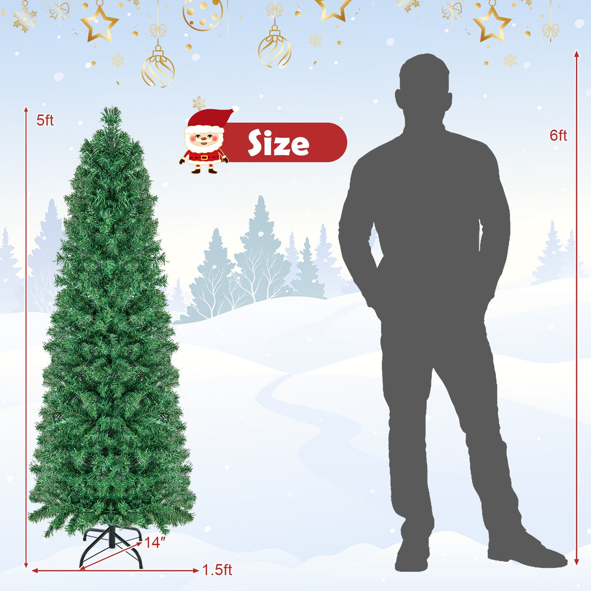 5/6/7/8 FT Pre-Lit Christmas Pencil Tree with Colorful Fiber Optics Green-5 ft-Christmas Trees-DECOROLALA