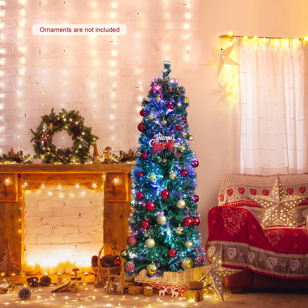 5/6/7/8 FT Pre-Lit Christmas Pencil Tree with Colorful Fiber Optics Green-5 ft-Christmas Trees-DECOROLALA