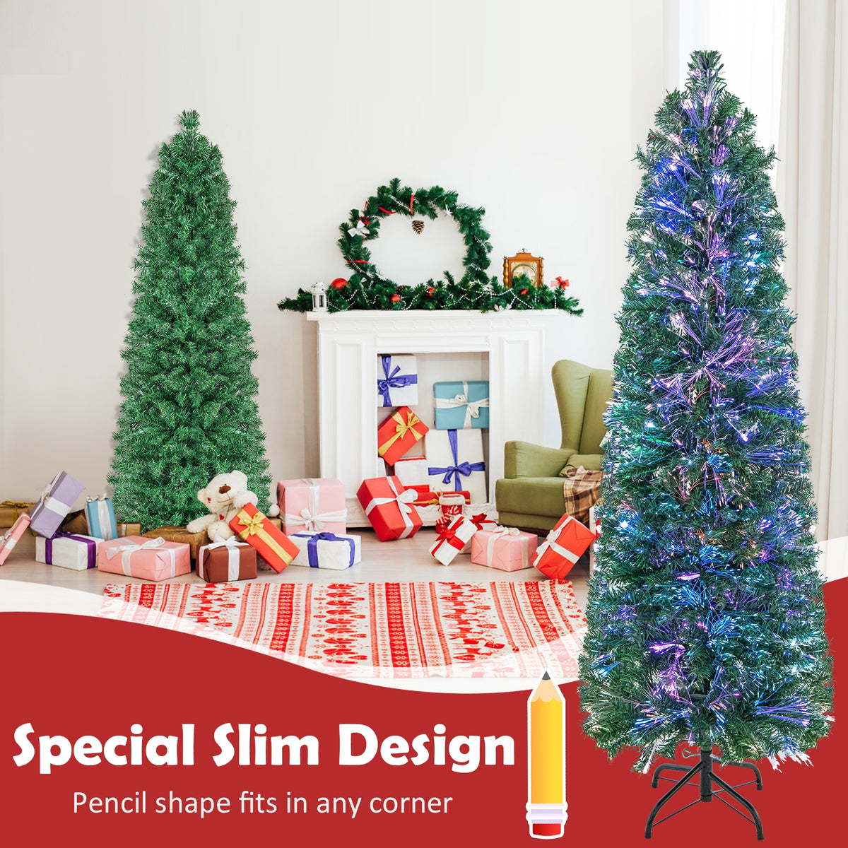 5/6/7/8 FT Pre-Lit Christmas Pencil Tree with Colorful Fiber Optics Green-5 ft-Christmas Trees-DECOROLALA