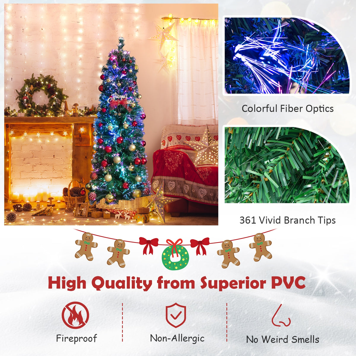 5/6/7/8 FT Pre-Lit Christmas Pencil Tree with Colorful Fiber Optics Green-5 ft-Christmas Trees-DECOROLALA