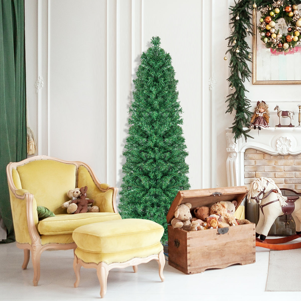 5/6/7/8 FT Pre-Lit Christmas Pencil Tree with Colorful Fiber Optics Green-5 ft-Christmas Trees-DECOROLALA