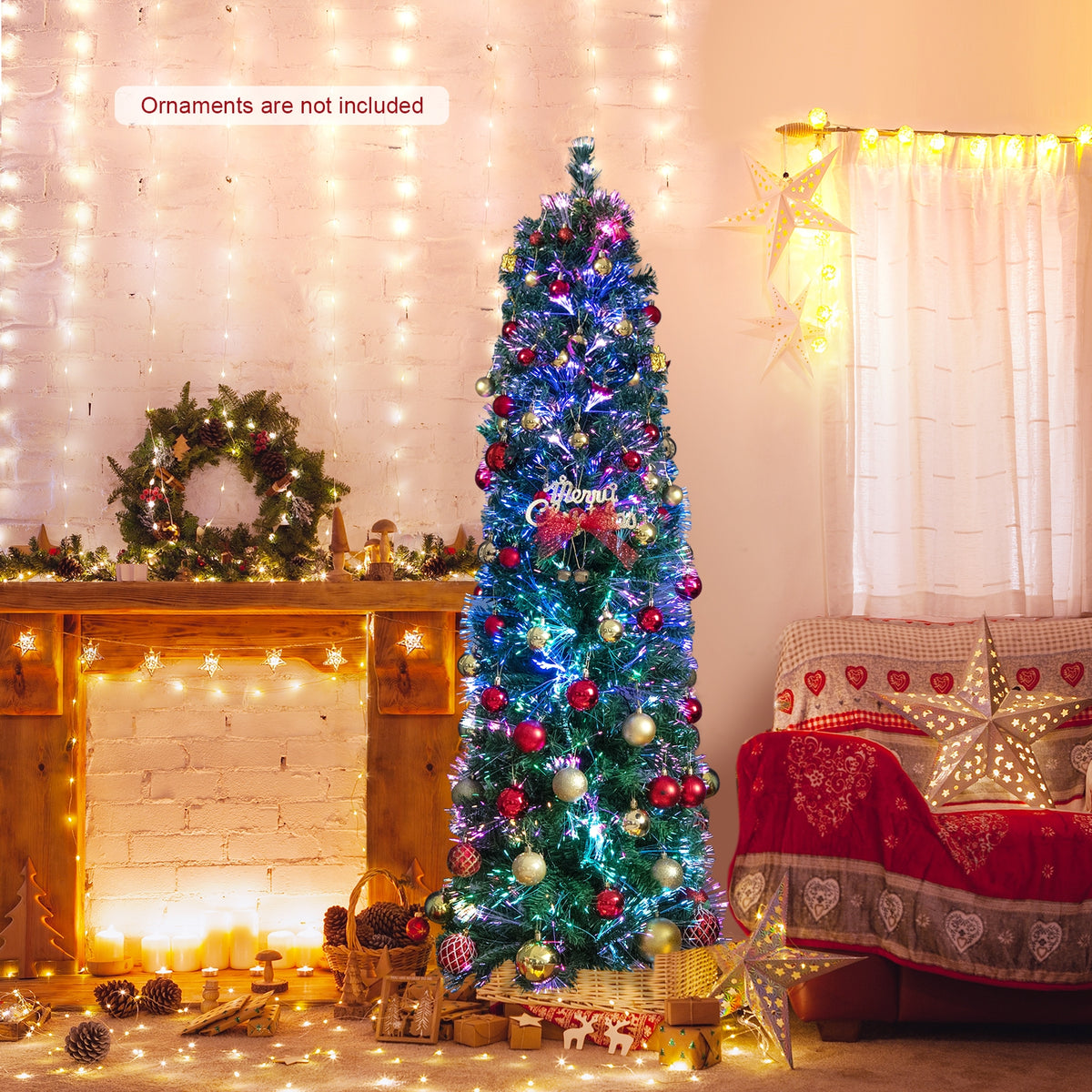 5/6/7/8 FT Pre-Lit Christmas Pencil Tree with Colorful Fiber Optics Green-6 ft-Christmas Trees-DECOROLALA