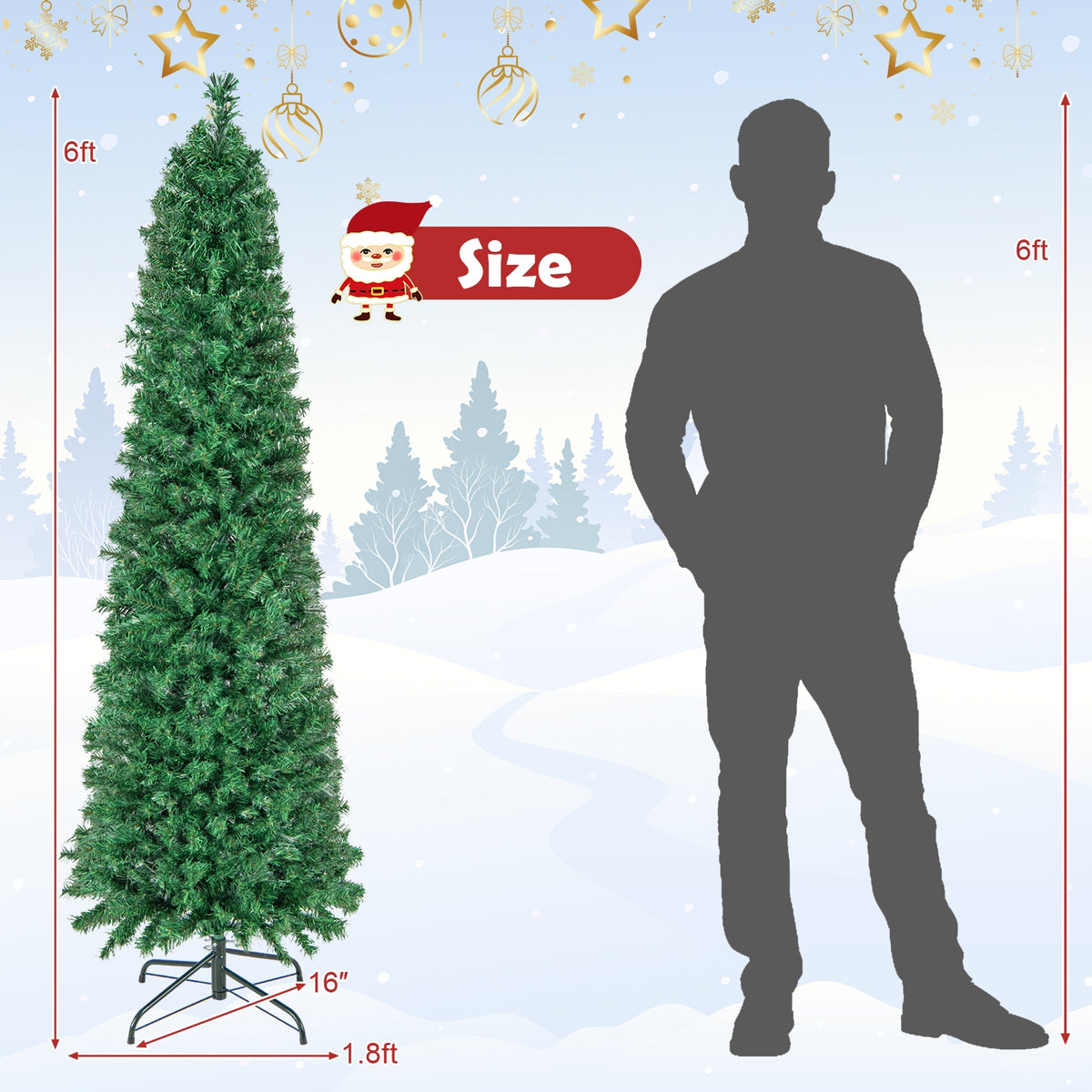 5/6/7/8 FT Pre-Lit Christmas Pencil Tree with Colorful Fiber Optics Green-6 ft-Christmas Trees-DECOROLALA