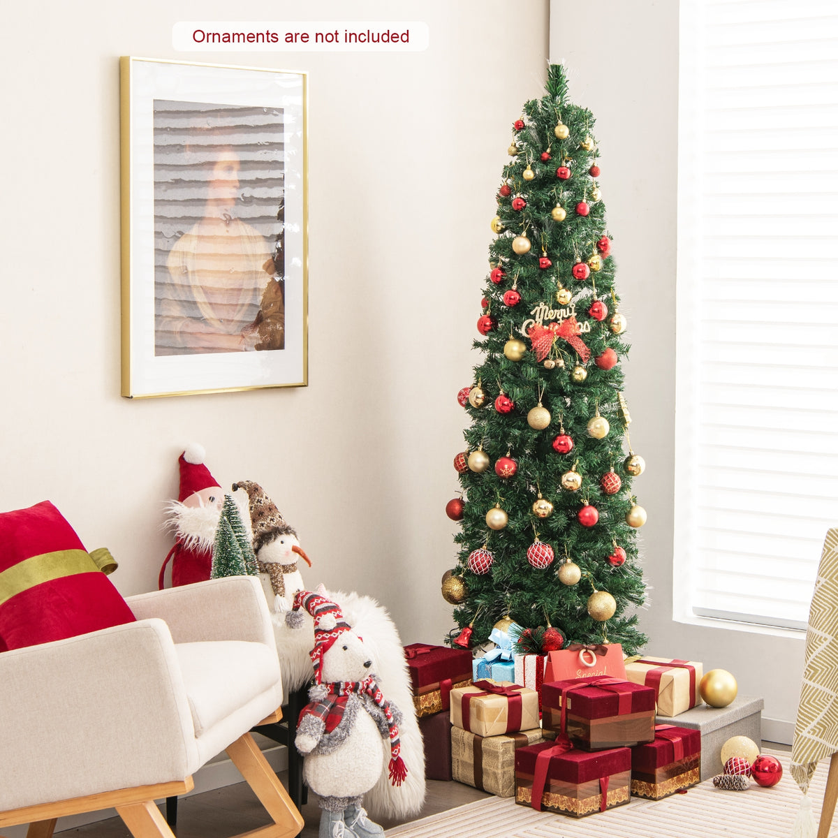 5/6/7/8 FT Pre-Lit Christmas Pencil Tree with Colorful Fiber Optics Green-6 ft-Christmas Trees-DECOROLALA